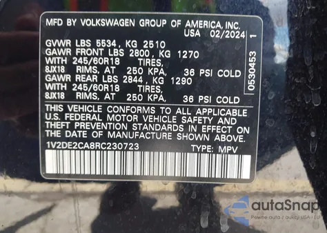 2024 Volkswagen Atlas Cross Sport 2.0T Se из США, поврежденный, VIN 1V2DE2CA8RC230723